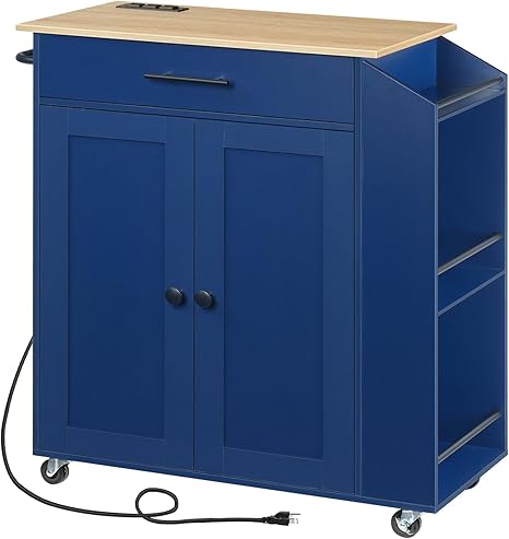 Rolling Kitchen Island with Storage, Spice Rack & Charging Station