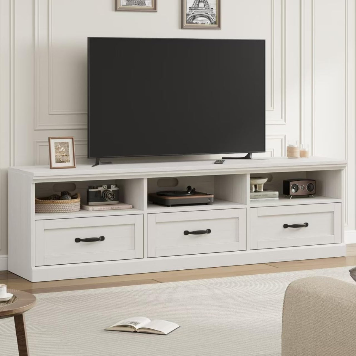 Garvee 70 Inch Mid-Century Modern TV Stand for 65/70/75 in TV, Entertainment Center with 3 Storage Drawers & Open Shelves, Media Cabinet for Living Room Bedroom, Antique White