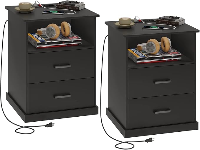 Nightstand with Charging Station & Storage Drawers