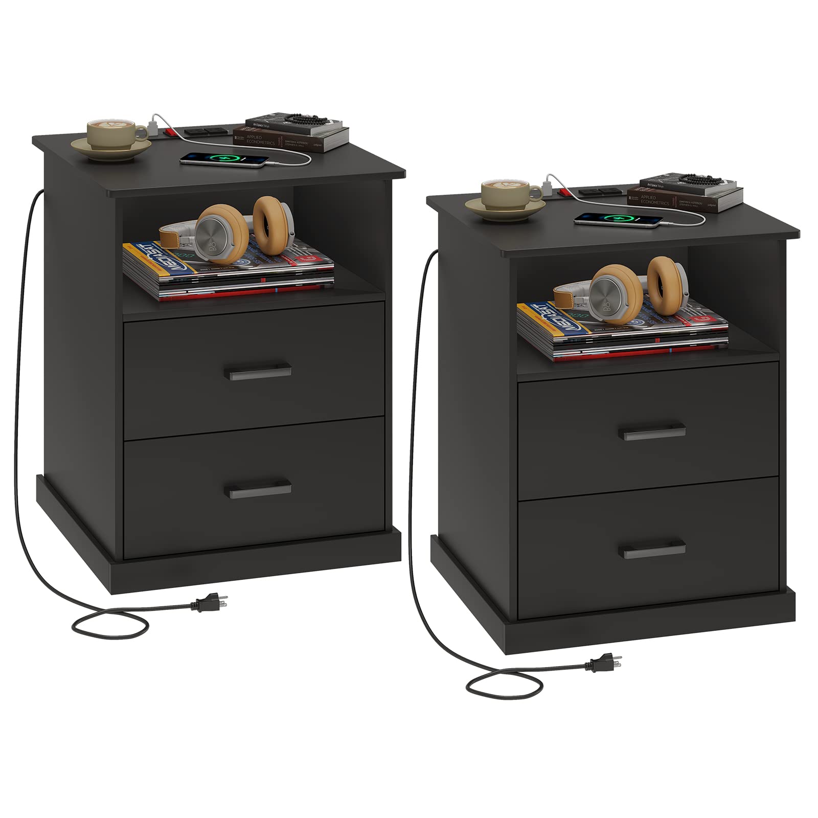 Hasuit Night Stand Set of 2 with Charging Station, Large Nightstands with Storage Drawers and Open Cubby, Black Bedside Side End Table for Home Office, Wider Tabletop 19.0'' x 15.0''