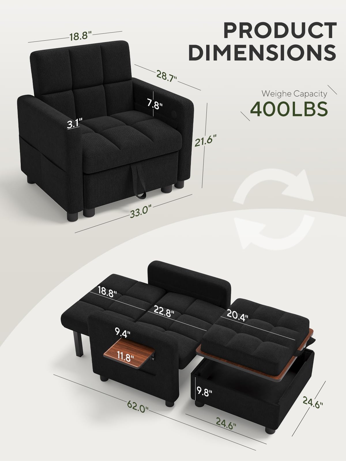 TROMIRY Convertible Sleeper Chair 3 in 1 Pull Out Sofa Bed | Single Sofa Bed with Storage Ottoman and Adjustable Backrest | Reading Chair with Foldable Table & USB Port, Black
