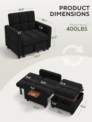 TROMIRY Convertible Sleeper Chair 3 in 1 Pull Out Sofa Bed | Single Sofa Bed with Storage Ottoman and Adjustable Backrest | Reading Chair with Foldable Table & USB Port, Black