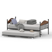Garvee Twin Daybed with Trundle, Twin Bed Frame with with Stylish Headboard, Heavy Duty Steel Slats Platform for Living Room, Bedroom, Brown
