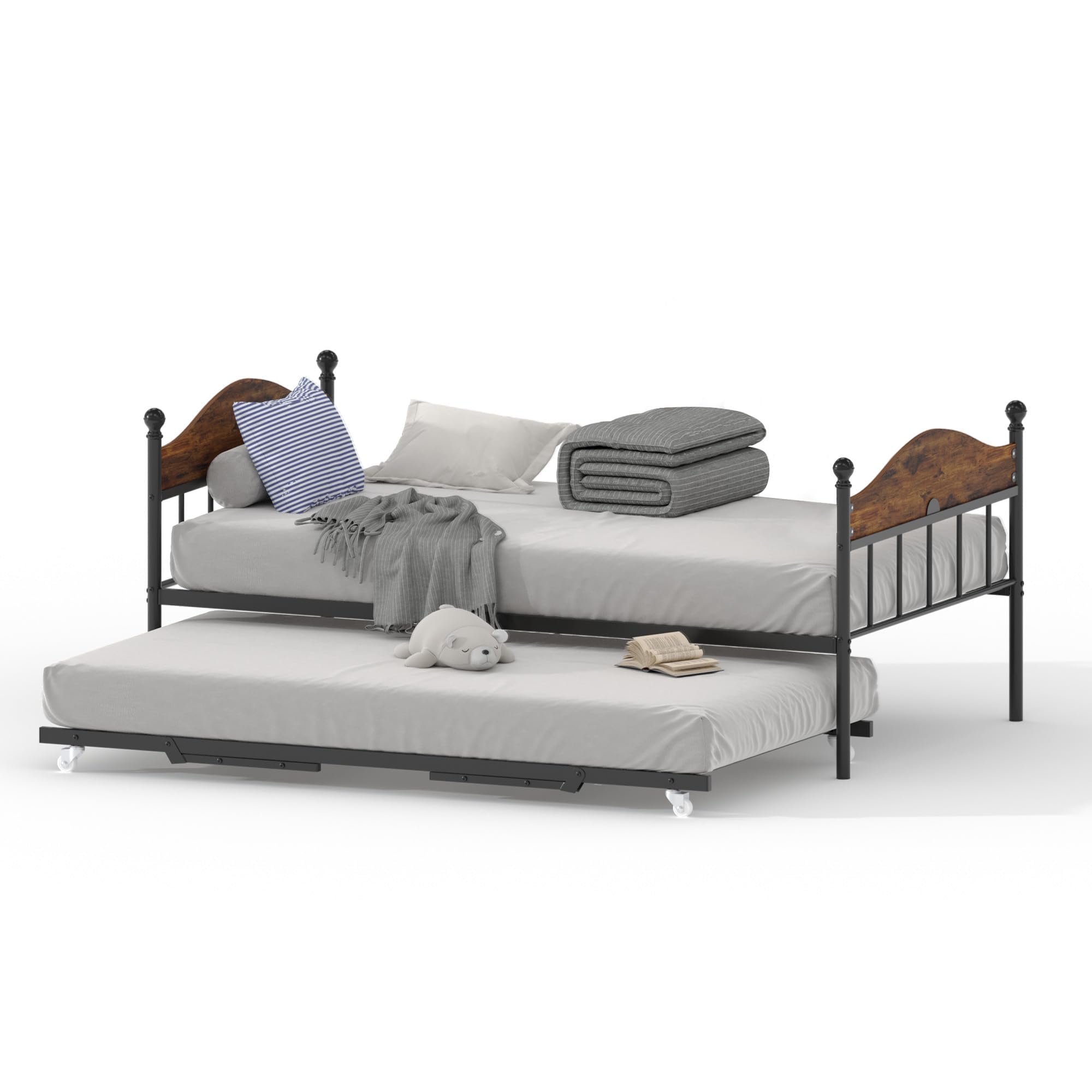 Garvee Twin Daybed with Trundle, Twin Bed Frame with with Stylish Headboard, Heavy Duty Steel Slats Platform for Living Room, Bedroom, Brown
