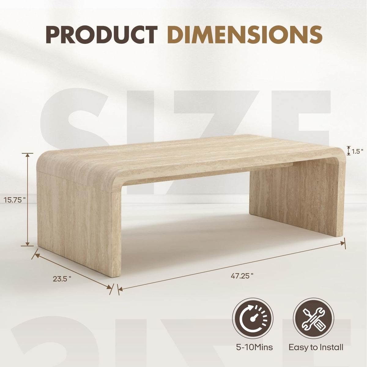 47" Travertine Look Coffee Table with Waterfall Edge