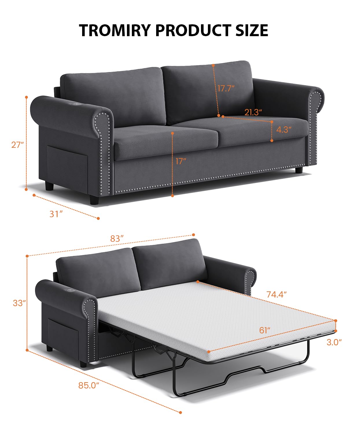 TROMIRY Queen Pull Out Sofa Bed | 83" Large Sleeper Sofa with Queen Size Mattress | 2-in-1 Convertible Loveseat Sofa-Bed with USB Ports Side Pockets Dark Grey