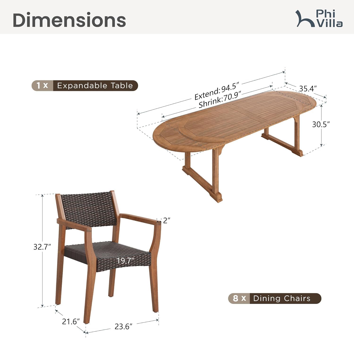 Extendable Acacia Wood Outdoor Dining Set
