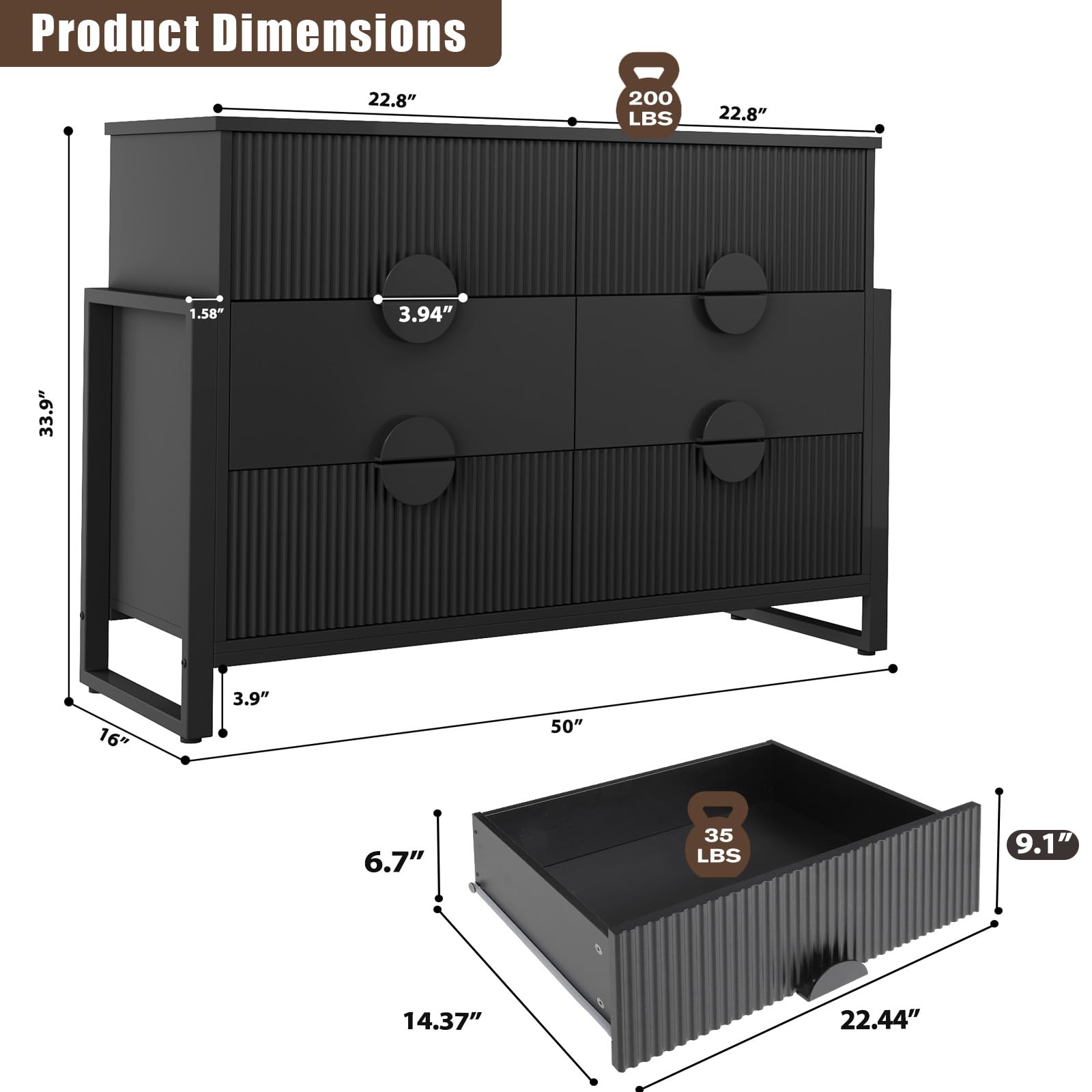 6-Drawer Fluted Dresser with Steel Frame