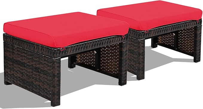 2-Piece Outdoor Rattan Ottoman Set with Cushions