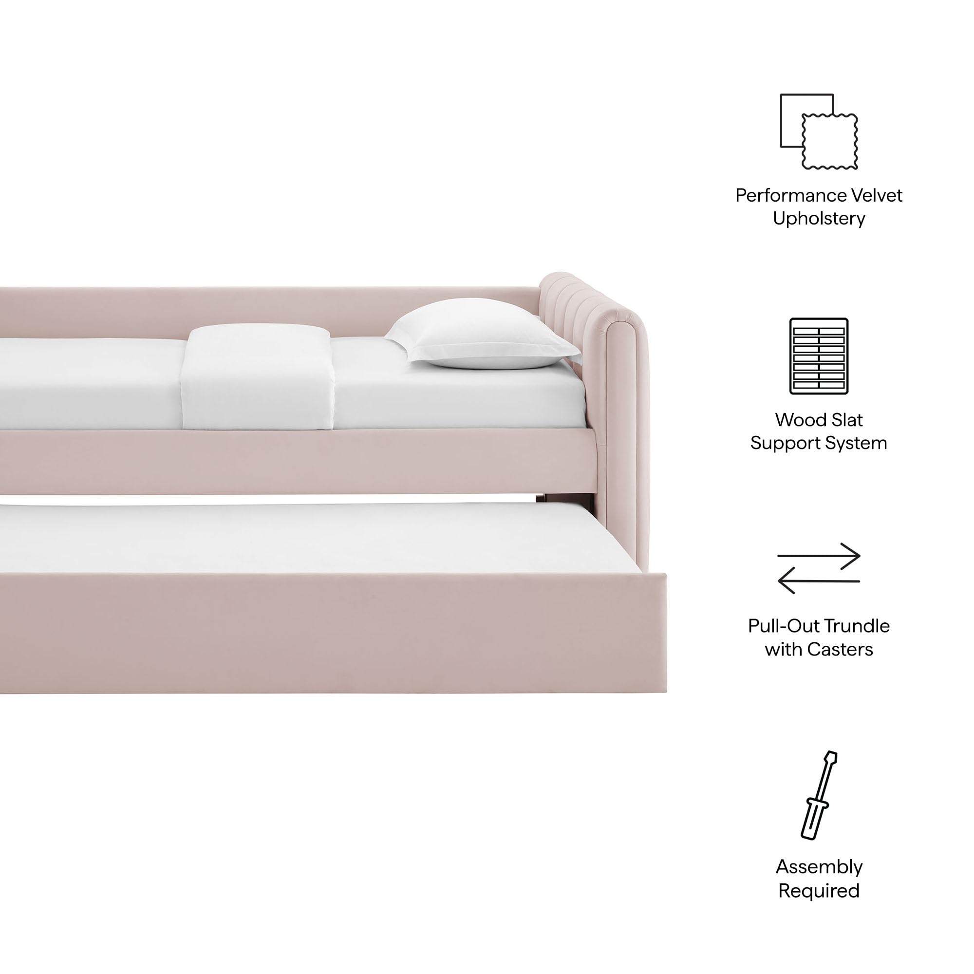 Veyla Twin Size Performance Velvet Daybed in Pink with Trundle – Channel Tufted Upholstered Sofa Bed with Wood Slat Support