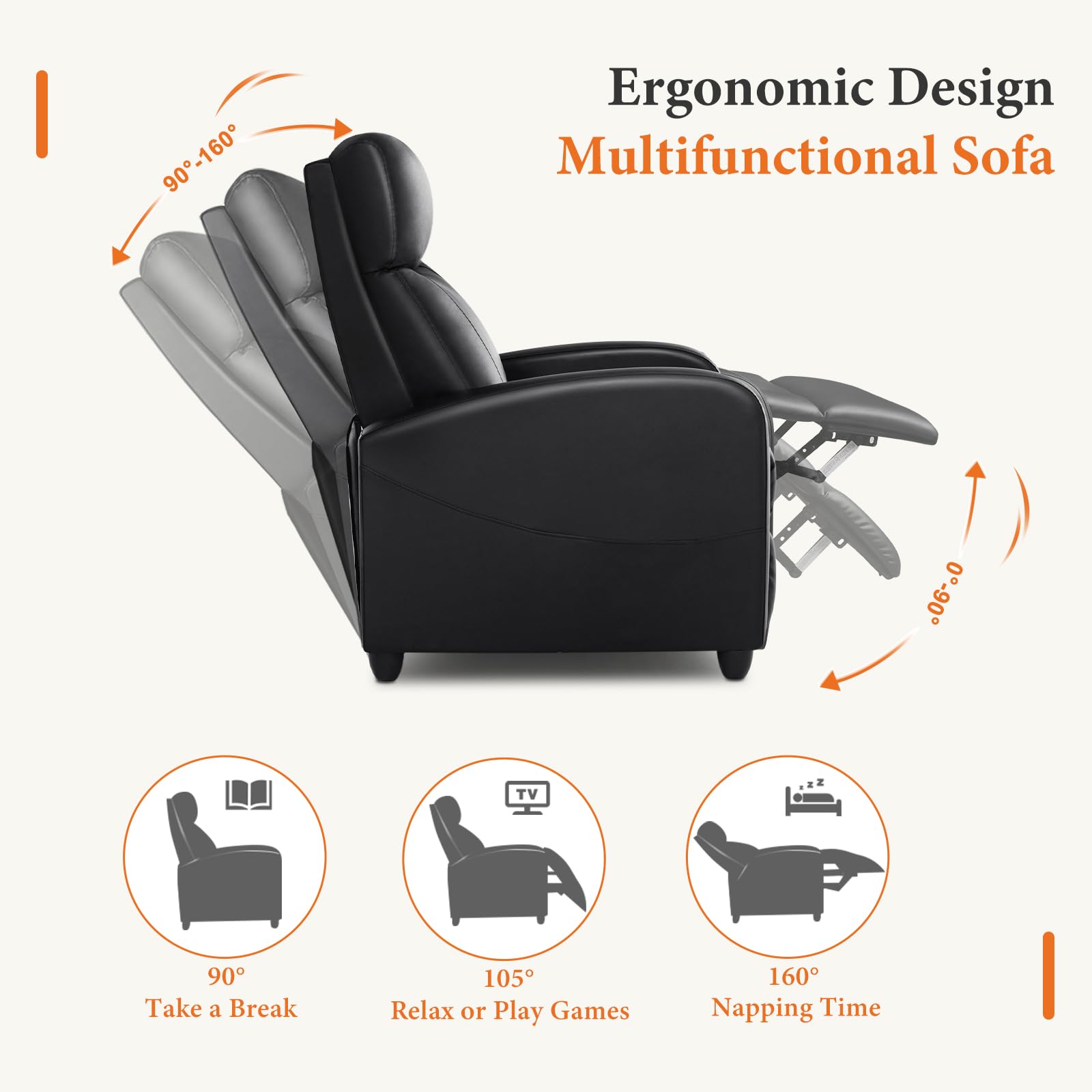 Sweetcrispy Recliner Chair PU Leather Recliner Sofa No Massage, Home Theater Seating with Lumbar Support, Adjustable Push Back Overstuffed High-Density Sponge Reclining for Living Room, Black