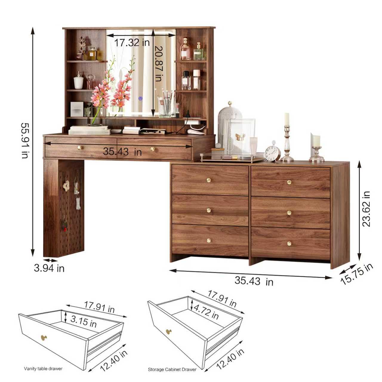 Ieejdn Makeup Vanity Desk with Mirror and Lights, Vanity Desk with 8 Drawers & Storage Shelves, Vanity Table with Power Outlet, 3 Color Modes & Adjustable Brightness Dressing Table, Bedroom,Brown