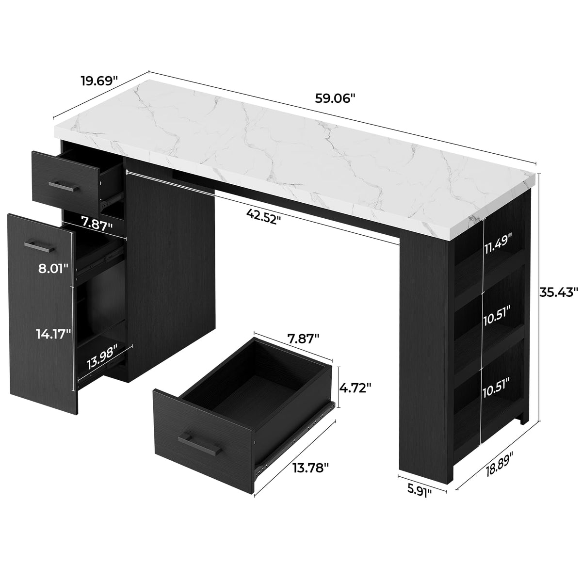 Lefurture Kitchen Island with 3-Tier Shelves & Pull-Basket Drawer, Black