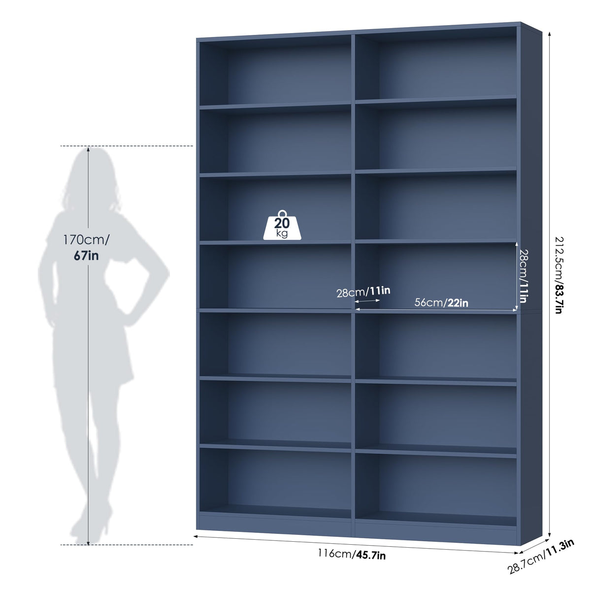 FACBOTALL 83.7" Tall Bookshelf and Bookcase, 7-Tier Double Bookshelves Blue