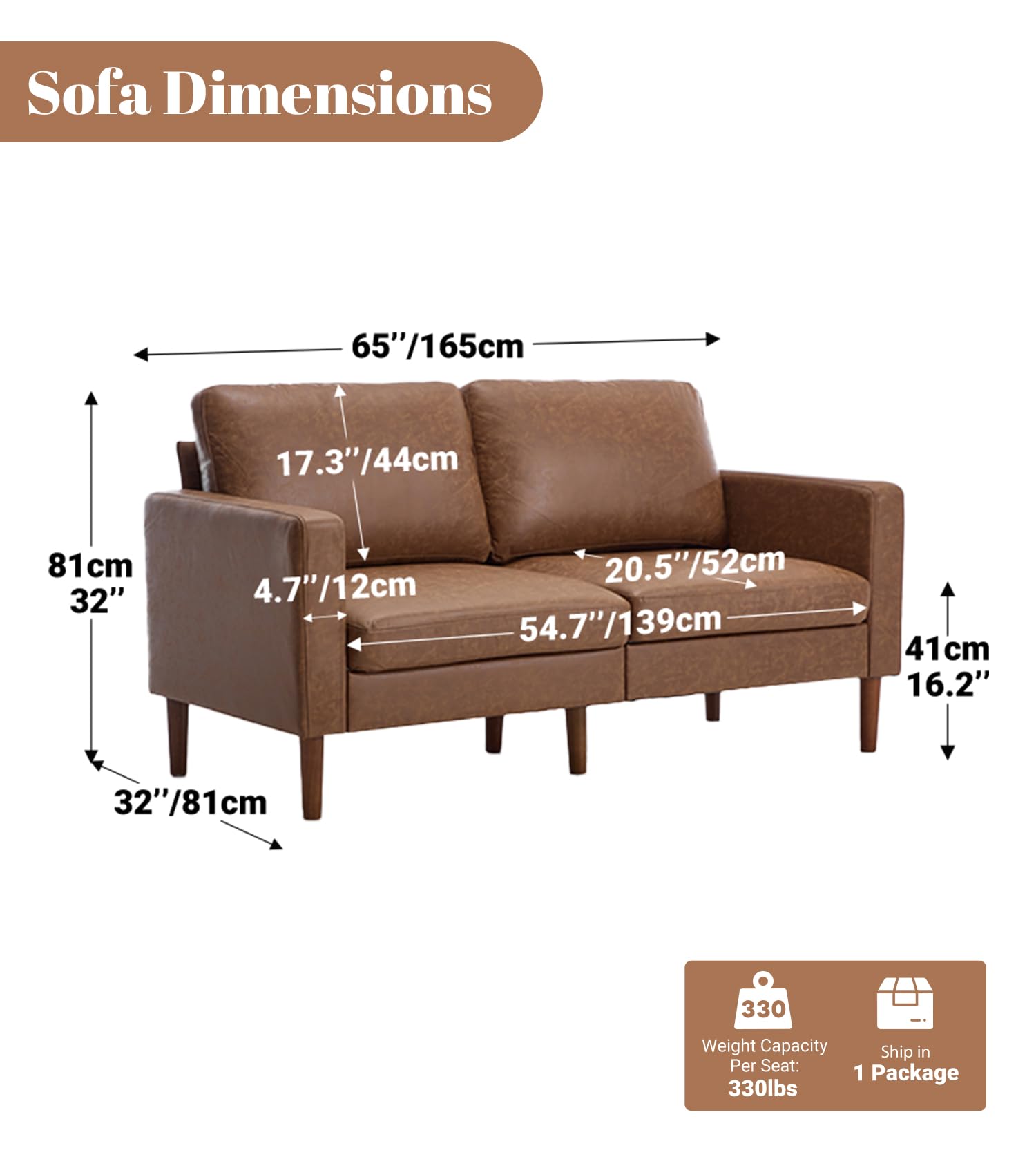 Kingfun 65" Loveseat Sofa, Faux Leather Love Seat Couch, Mid Century Modern Couch with Solid Wooden Frame for Living Room & Bedroom in Small Spaces, Brown