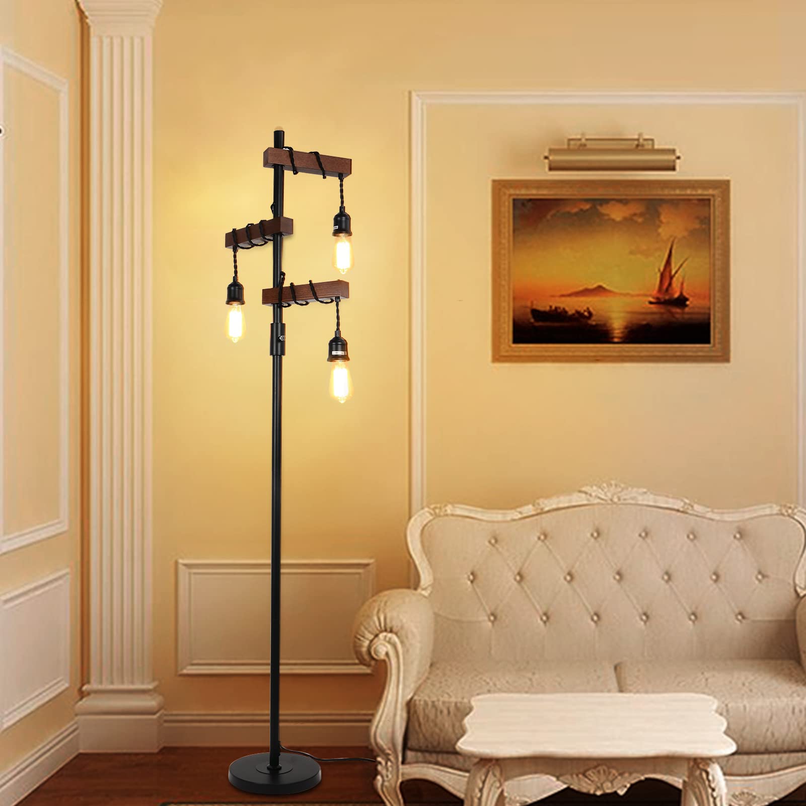 3-Head Wood Floor Lamp with Dimmable Switch