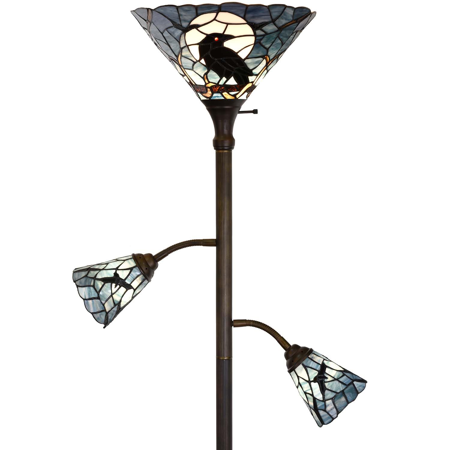 Bieye L10957 Raven Sitting on Bare Tree Branch in Full Moon Night Tiffany Style Stained Glass Torchiere Floor Lamp with Sidelights for Reading Home Decor, 70-inches Tall (Dark Blue)