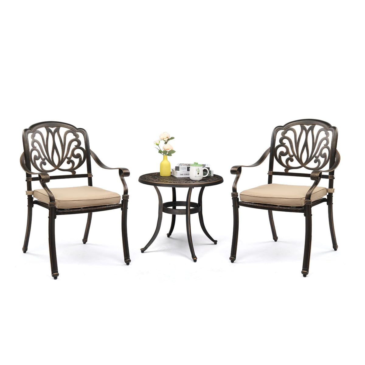 VINGLI 3 Piece Outdoor Bistro Set, Cast Aluminum Patio Table and 2 Chairs Set for Patio Balcony Garden, All Weather Outdoor Furniture Set with Stackable Chairs and Small Round Table