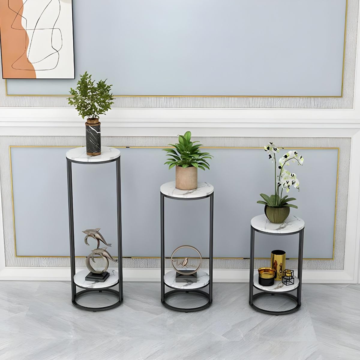 LAKIQ Round Plant Stand Stone Top Metal Frame Indoor Tall Plant Flower Shelf 2 Tiers Plant Table Plant Flower Holders for Corner Patio Garden Living Room Balcony(Black,12" L x 12" W x 27.5" H)