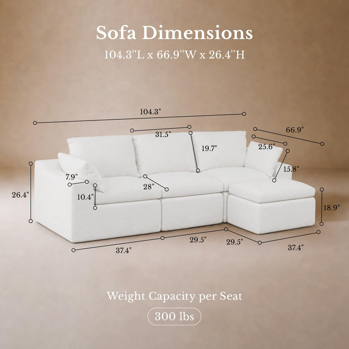 Maywish Cloud Couch, 104" L Shaped Boneless Modular Sectional Sofa, White