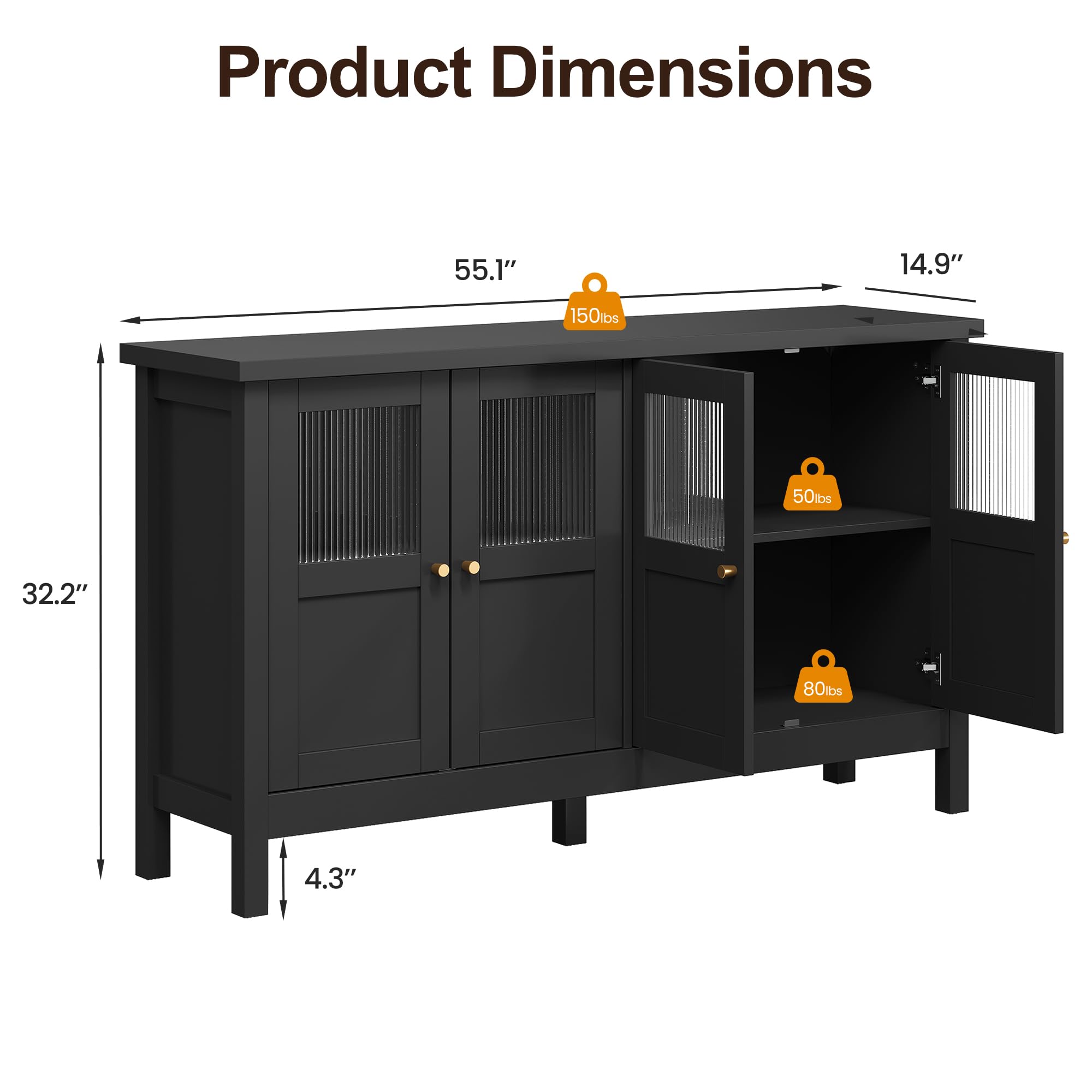 RoyalCraft Buffet Cabinet with Storage, Modern Sideboard with 4 Acrylic Doors & Adjustable Shelves, Wood Credenza Accent Coffee Bar Table for Kitchen, Dining Room, Living Room, Entryway, Black