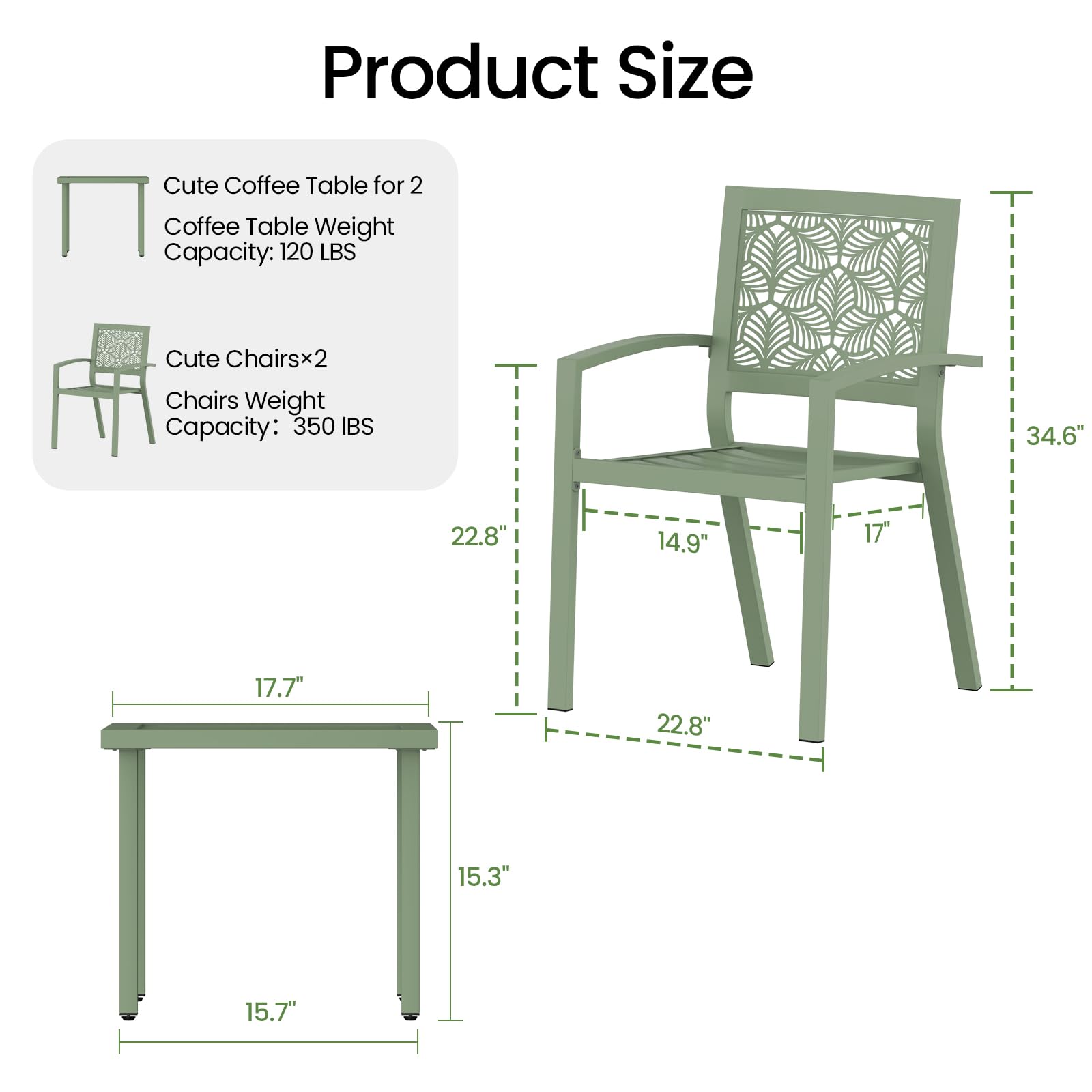 BUPPLEE 3 Piece Patio Bistro Set, Outdoor Steel Furniture Set, Stackable Modern Conversation Sets for Balcony Garden Deck Patio w/2 Chairs 1 Table, Sauge Green