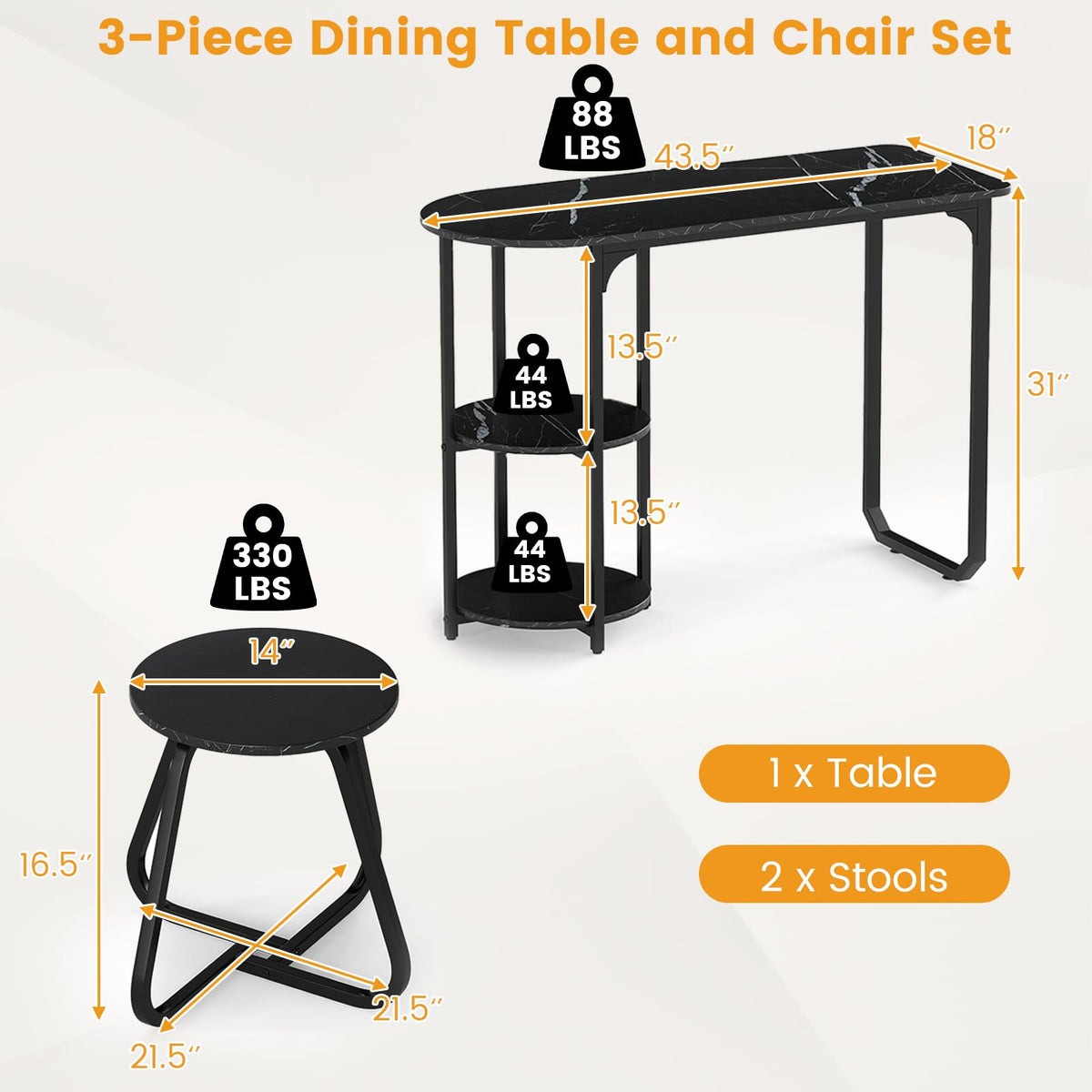 GOFLAME 3-Piece Dining Table Set, Modern Kitchen Table and 2 Stools with 2-Tier Storage Shelves and Metal Frame, Space Saving Wooden Dinette Set for Living Room, Breakfast Nook, Black