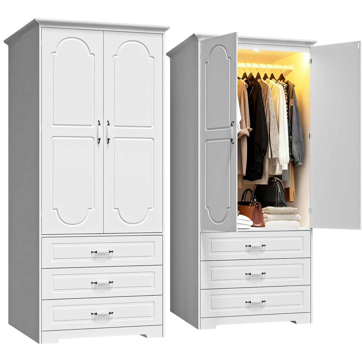 White LED Wardrobe with 3 Drawers