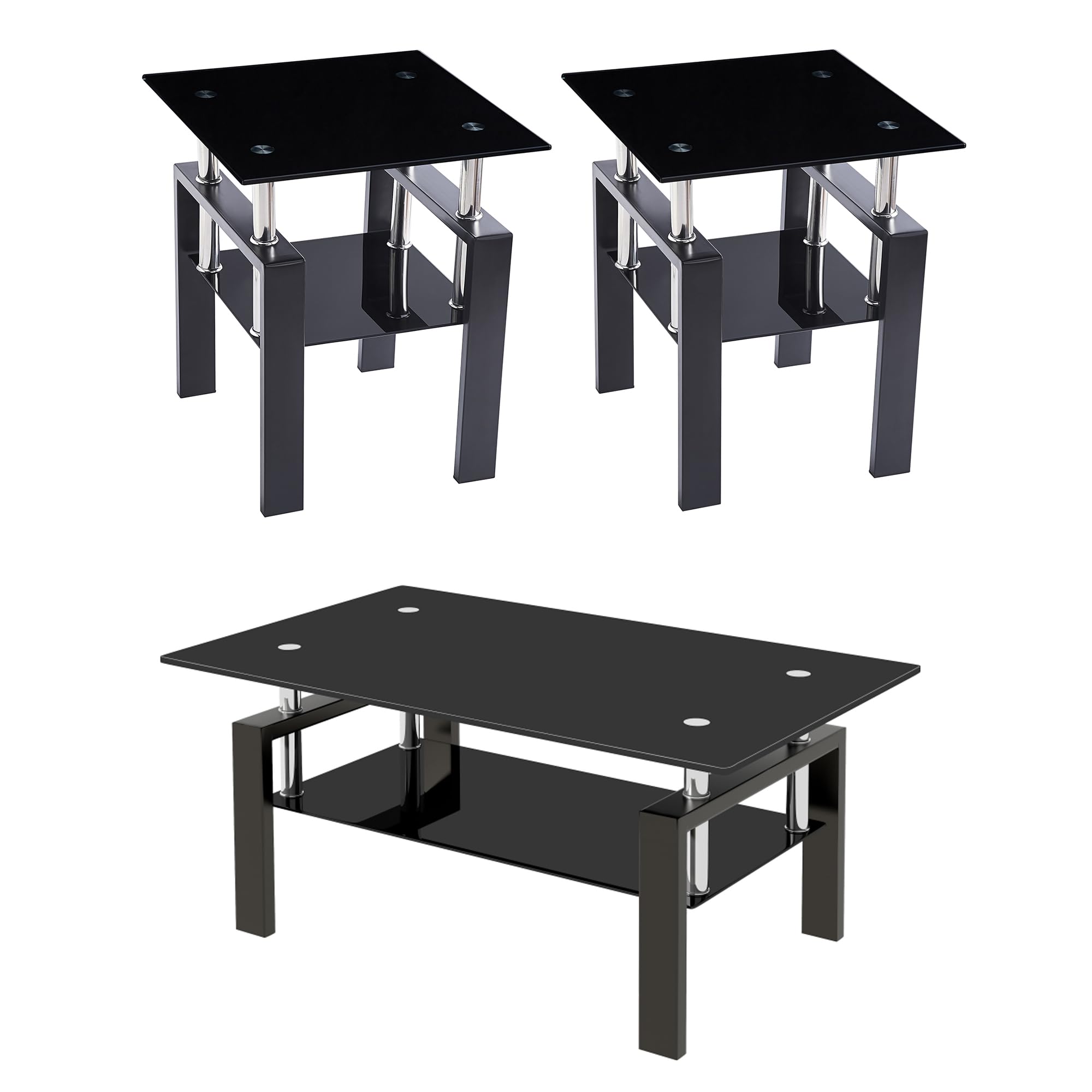 Glass Coffee Table Set of 3 with End Tables