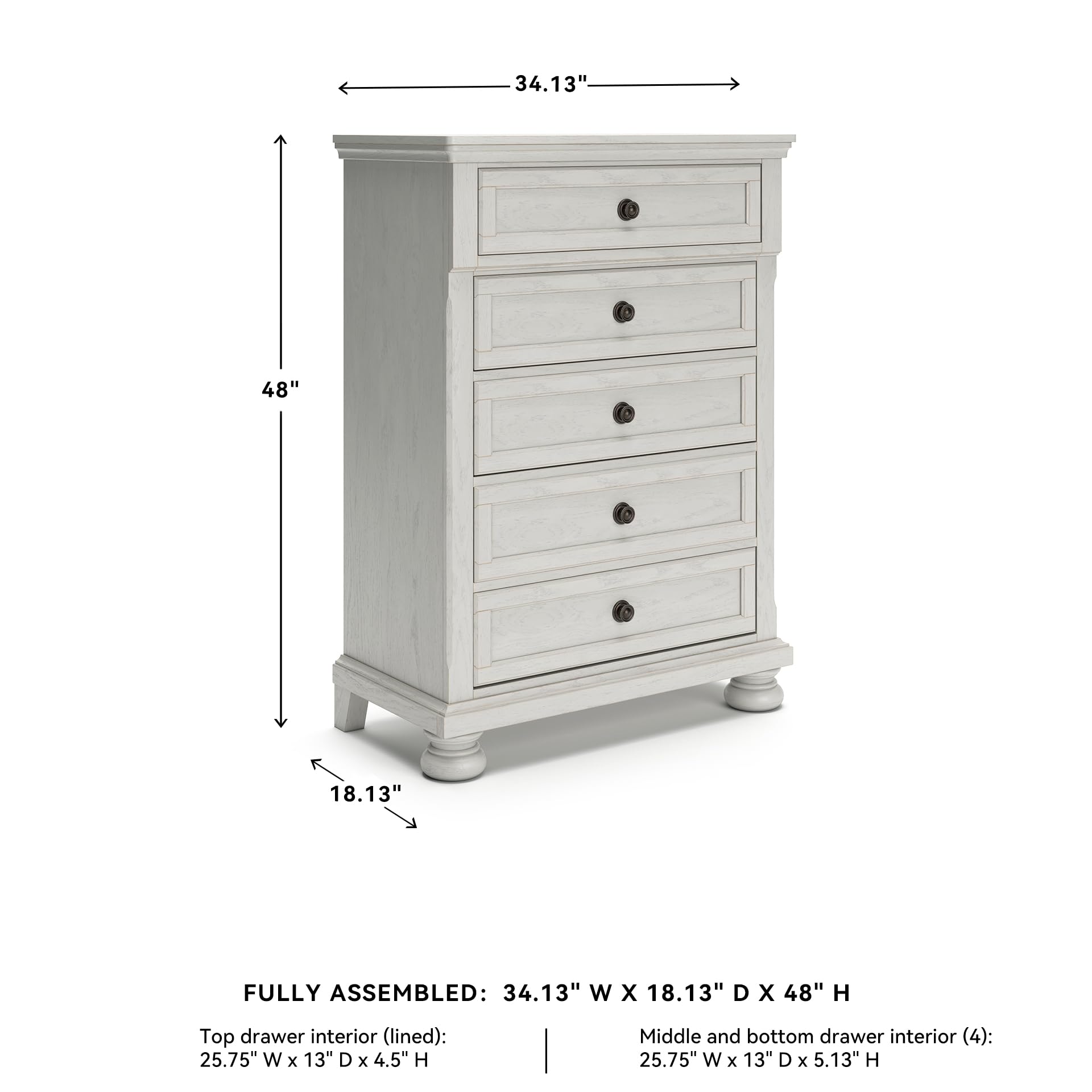 Signature Design by Ashley Robbinsdale Casual 5 Drawer Chest with Felt-Lined Upper Drawer, White