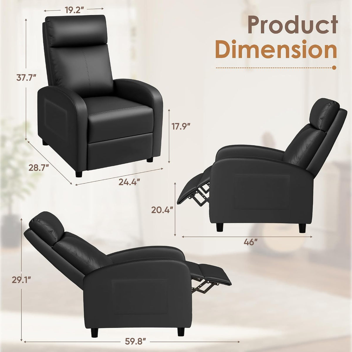 Rankok Recliner Chair Modern PU Leather Black Reclining Adjustable Recliner