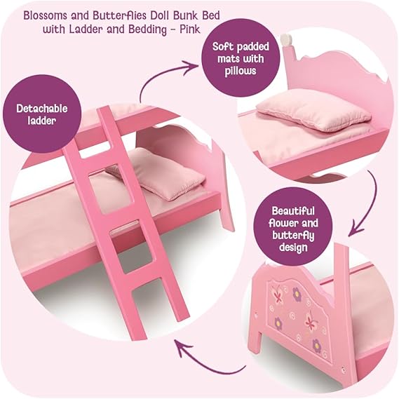 Doll Bunk Bed with Ladder & Bedding – Fits Dolls Up to 20 Inches