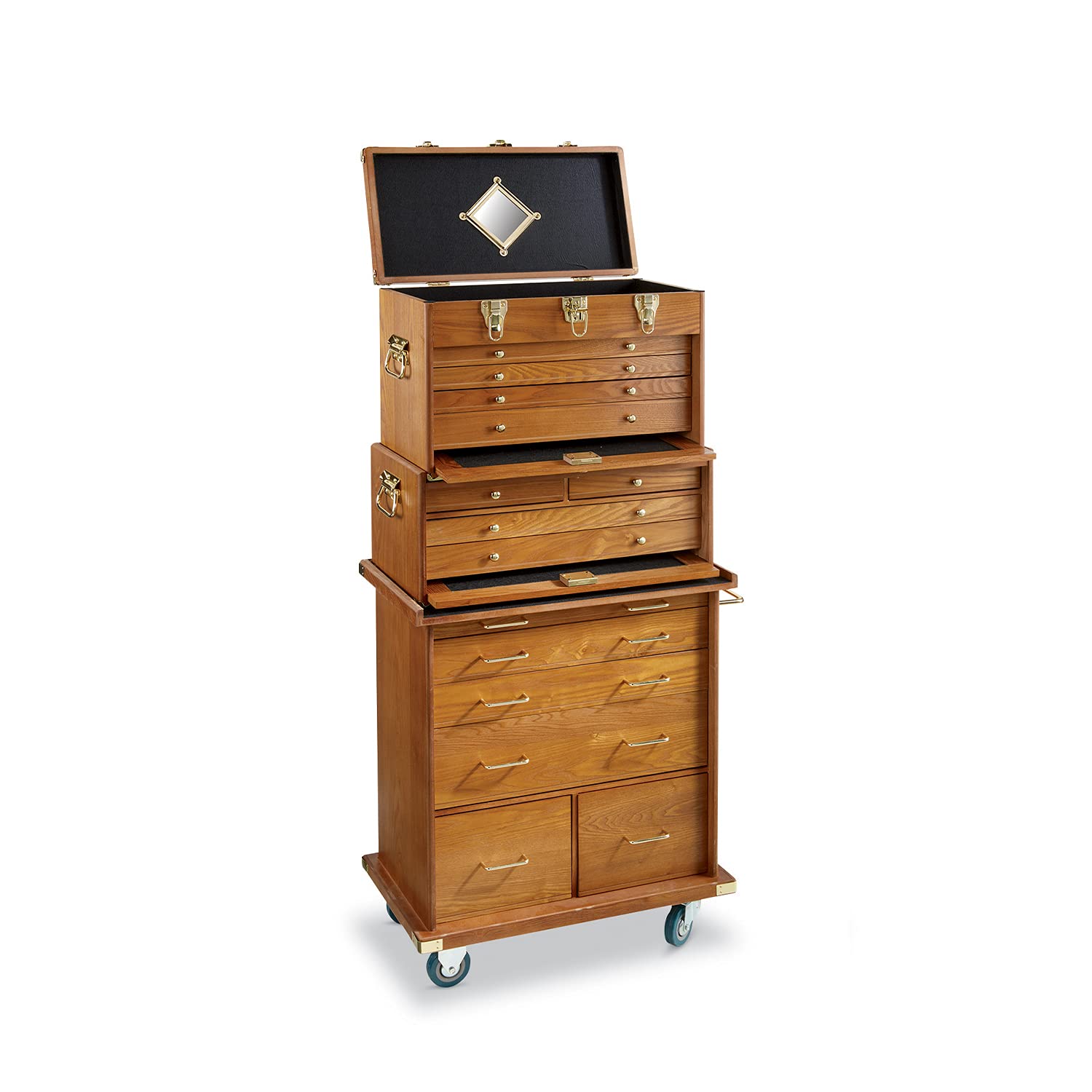 CASTLECREEK 4-Drawer Collector's Chest, Wooden Desk Storage Box Organizer Lockable Compartments Oak