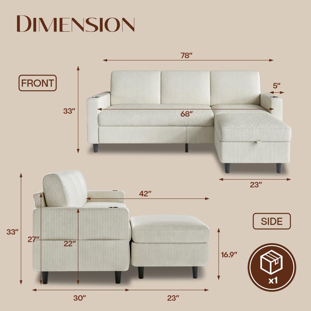 Corduroy L-Shaped Storage Sectional