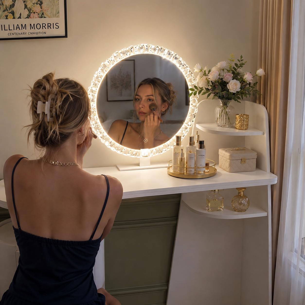 Furnistar White Vanity Desk with Mirror and Lights, Adjustable Make up Vanity with 3 Drawers, Modern Makeup Table with Curved Desktop and Shelf for Bedroom