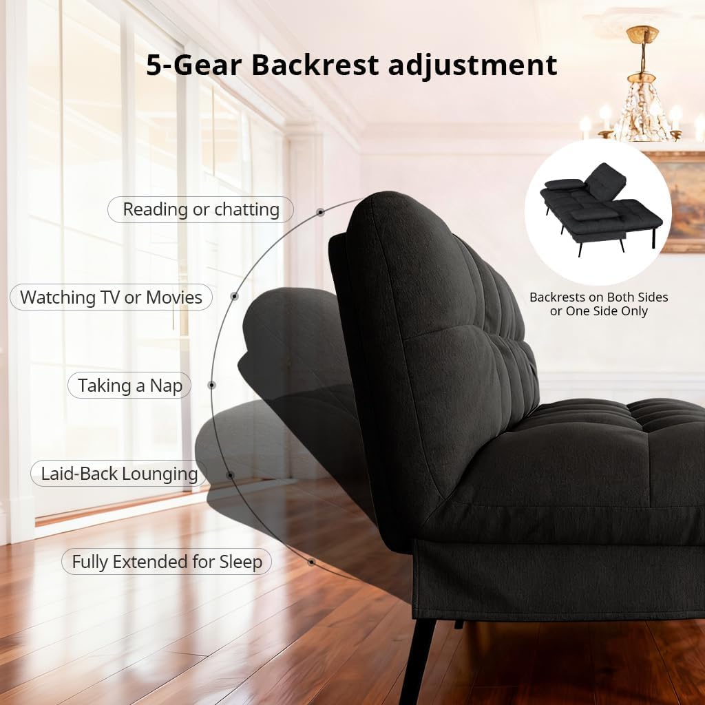 COMHOMA 72″ Convertible Futon Sofa Bed, Adjustable Backrest, Black
