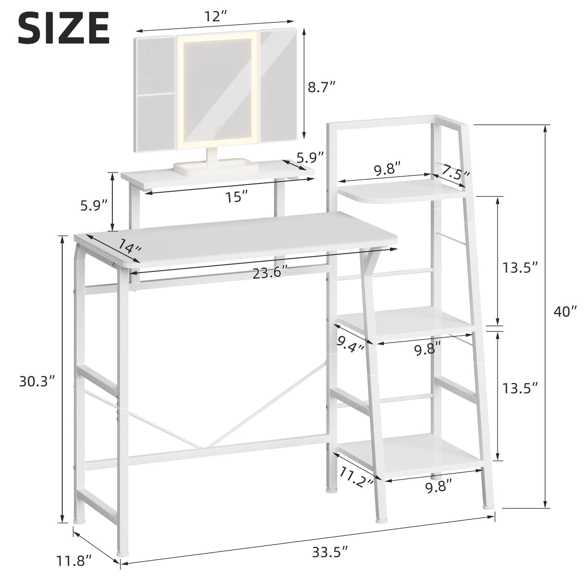 HIGDBFE Makeup Vanity Desk 33.5''W with Mirror and Lights, White