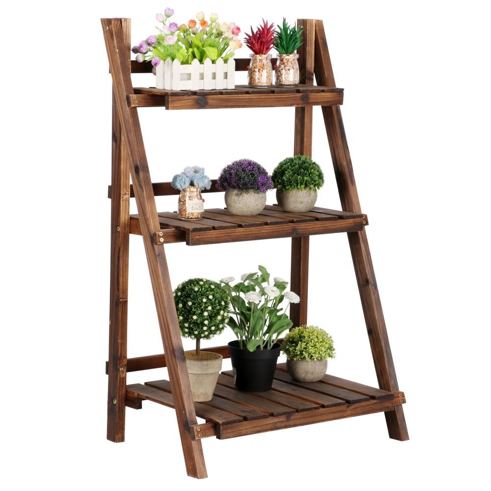 Yaheetech Wooden Plant Stand, 3-Tier Foldable Ladder Shelf, Indoor Outdoor