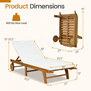 Tangkula Folding Lounge Chair Outdoor, Patio Eucalyptus Wood Chaise Lounge with 5-Level Adjustable Backrest & Cushions, Portable Beach Pool Sunbathing Recliner with Wheels for Outside (1,Off White)
