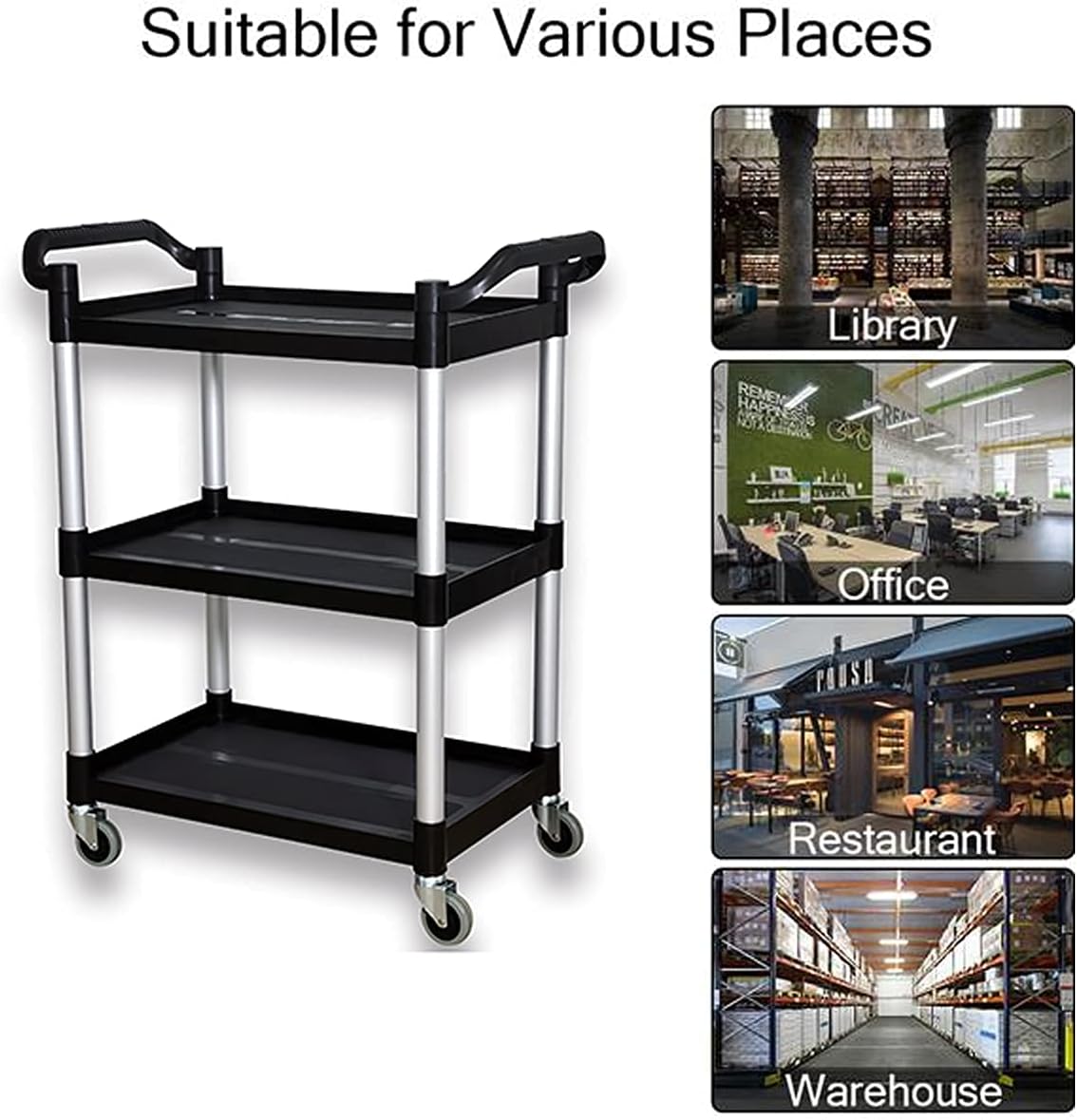 Abacad Plastic Utility Cart with Wheels Lockable, Heavy Duty Restaurant Cart, Service Cart for/Home/Office/Warehouse/Kitchen/Workshop,390 Lbs,2 Handles, Black.