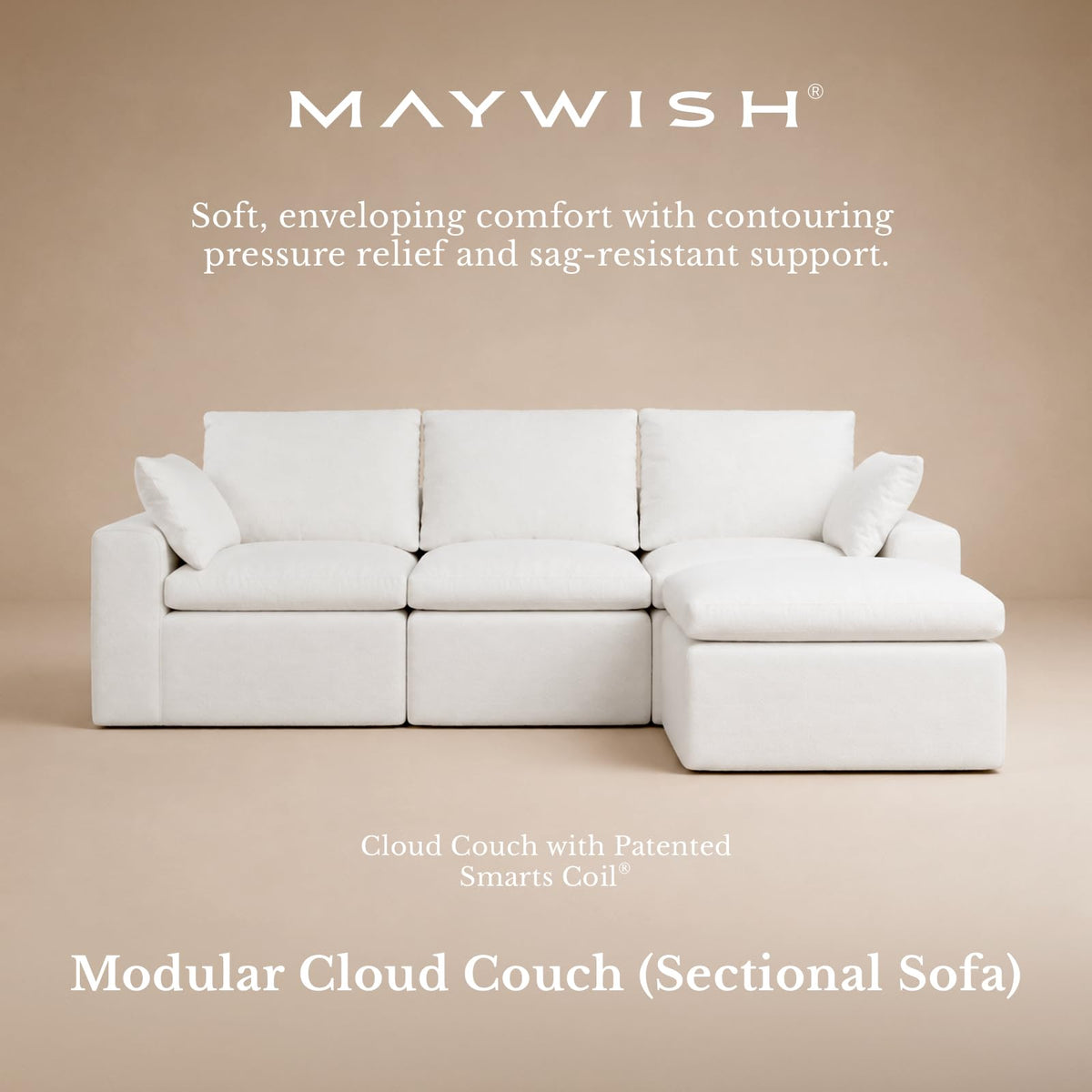 Maywish Cloud Couch, 104" L Shaped Boneless Modular Sectional Sofa, White