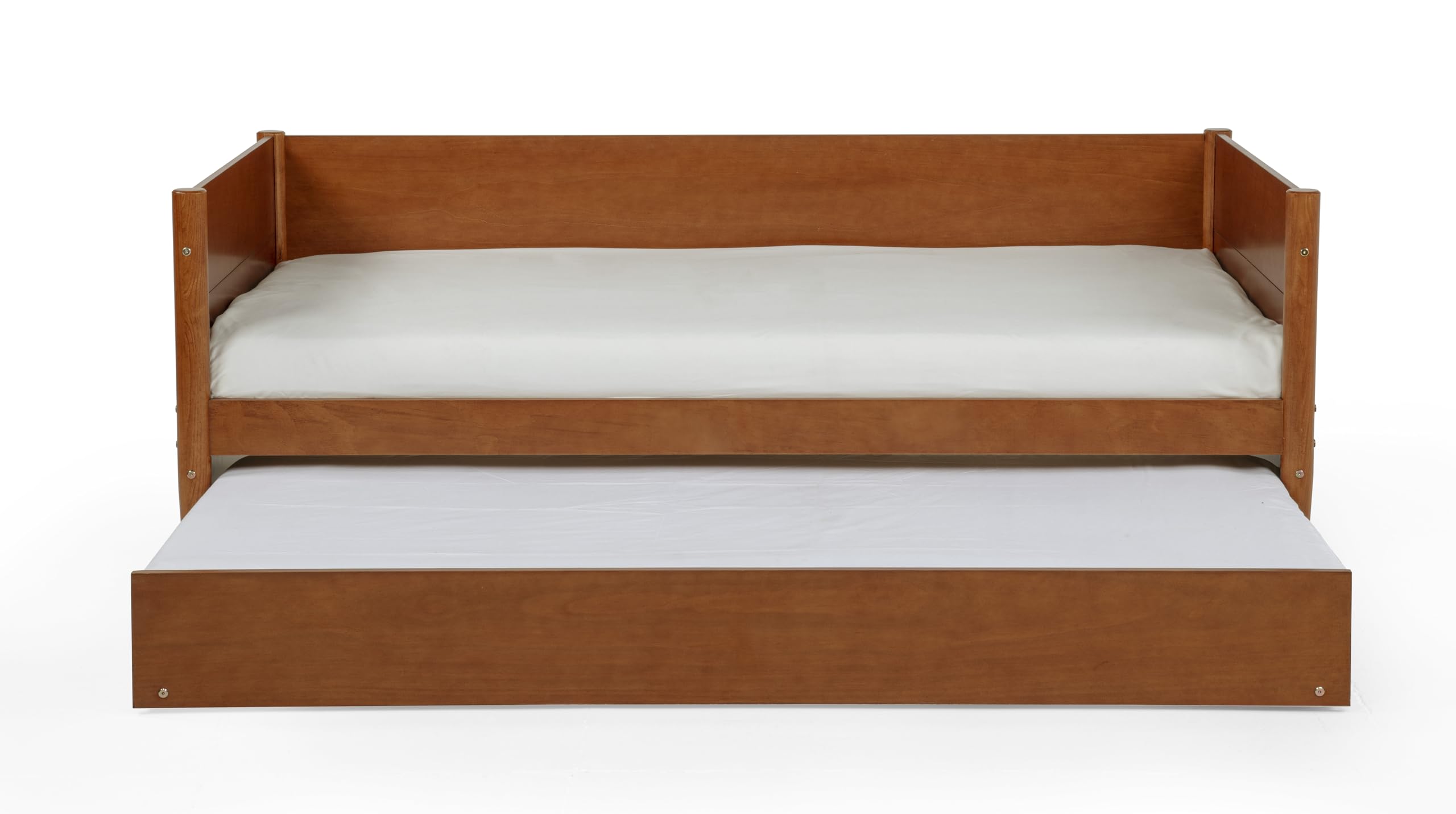 Camaflexi Mid-Century Modern Daybed & Trundle/Solid and Manufactured Wood/Panel Headboard/No Box Spring Needed/Foundation has 14 Wood Slats/Twin Trundle/Easy Assembly, Castanho Finish, Twin.