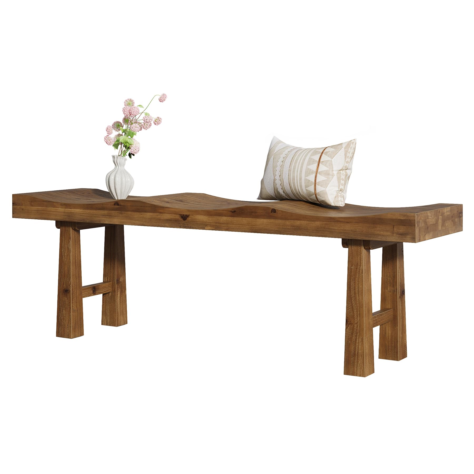 Solid Wood Entryway Bench with Wave-Top Design, 55"