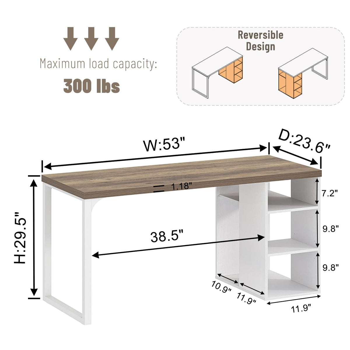 EXCEFUR Modern Computer Desk for Home Office, PC Gaming Desk with Reversible Storage Shelves, Study Writing Table Workstations for Living Room, 53 Inch, Rustic Oak and White