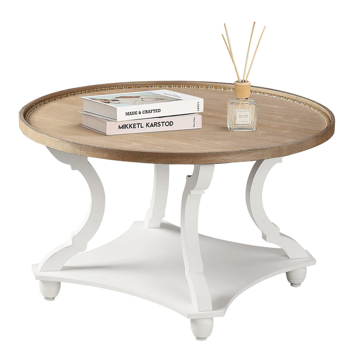 Wnutrees Farmhouse Round Coffee Table, Wood Tray Top with Storage Shelf