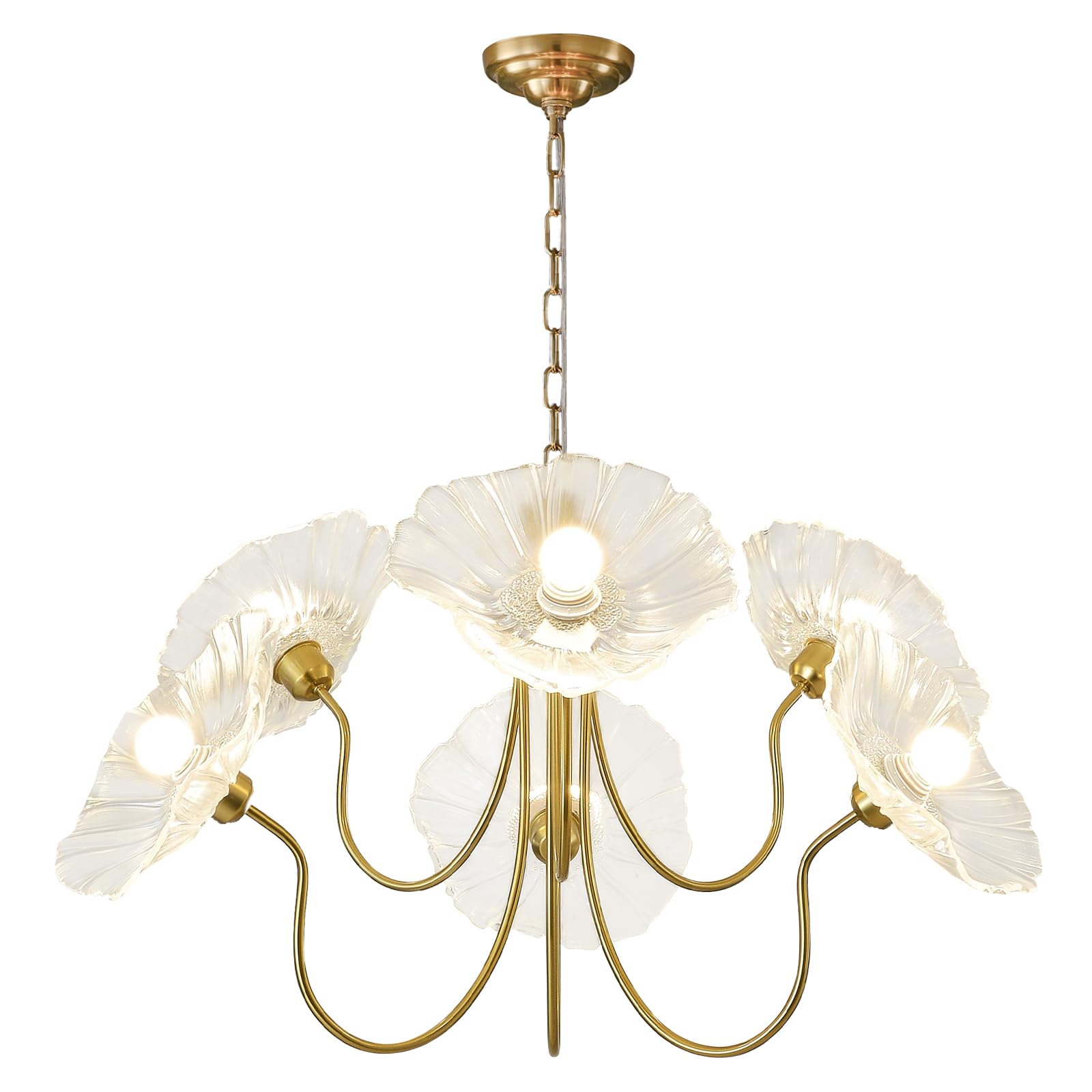 APLampara 33.4" Modern Floral Glass Chandelier, 6-Light Extra Large Ceiling Light Fixture with Clear Flower Shades, Brass Gold Accents for Living Room, Bedroom, Dining Room