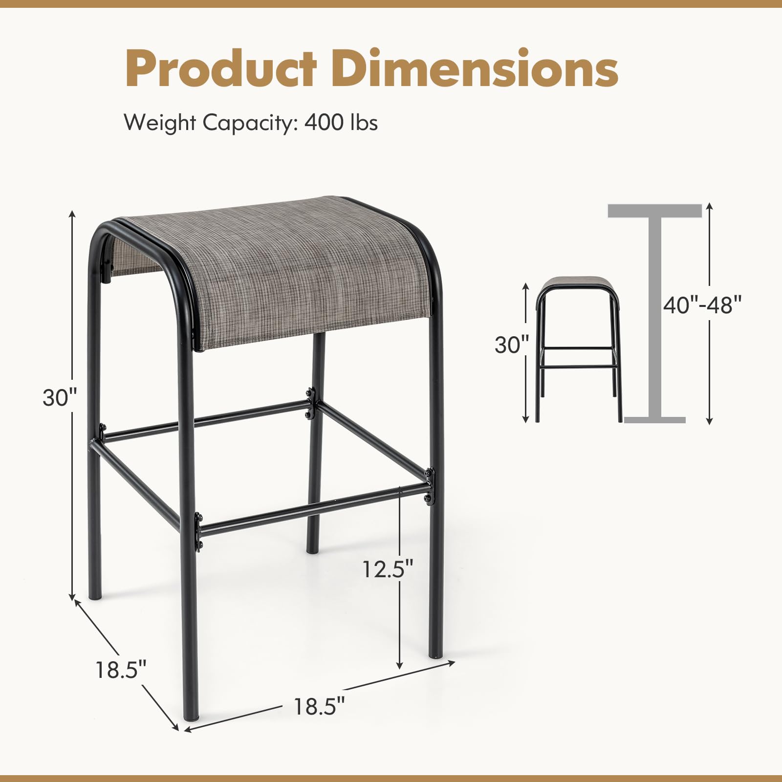 Outdoor Bar Stools with Breathable Fabric Seat & Metal Frame