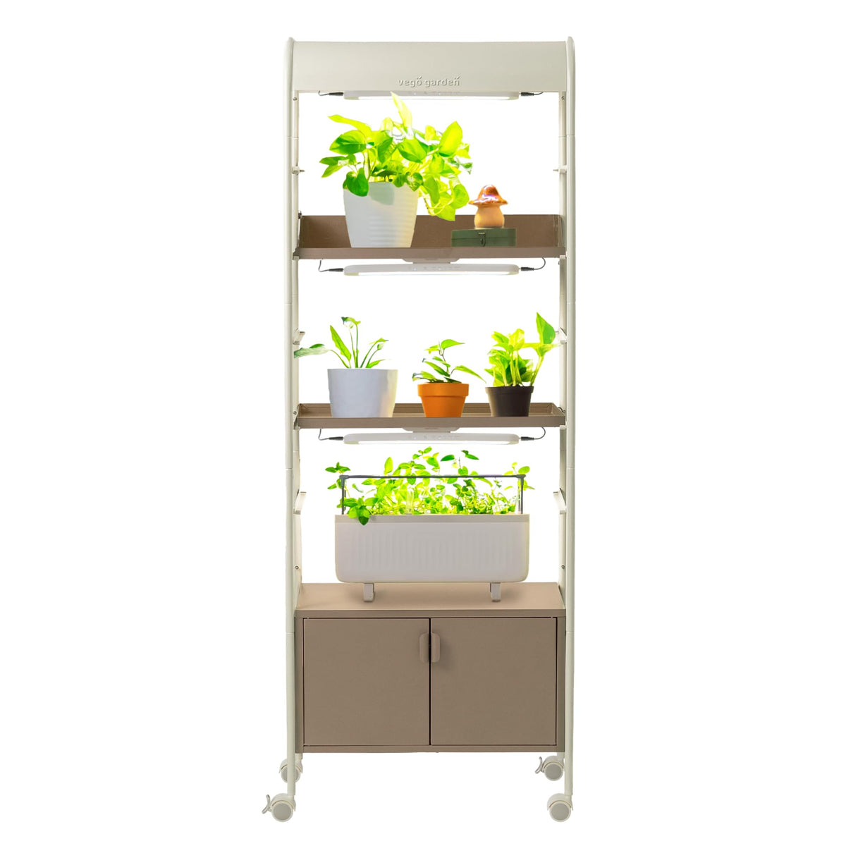 Vego garden 4 Tier Rolling Metal Corner Plant Stand Indoor with Grow Light, Display Shelf with Storage & Full Spectrum LED Grow Light, Plant Rack for Seed Starting, Leafy, Herbs, Fruits & Microgreens