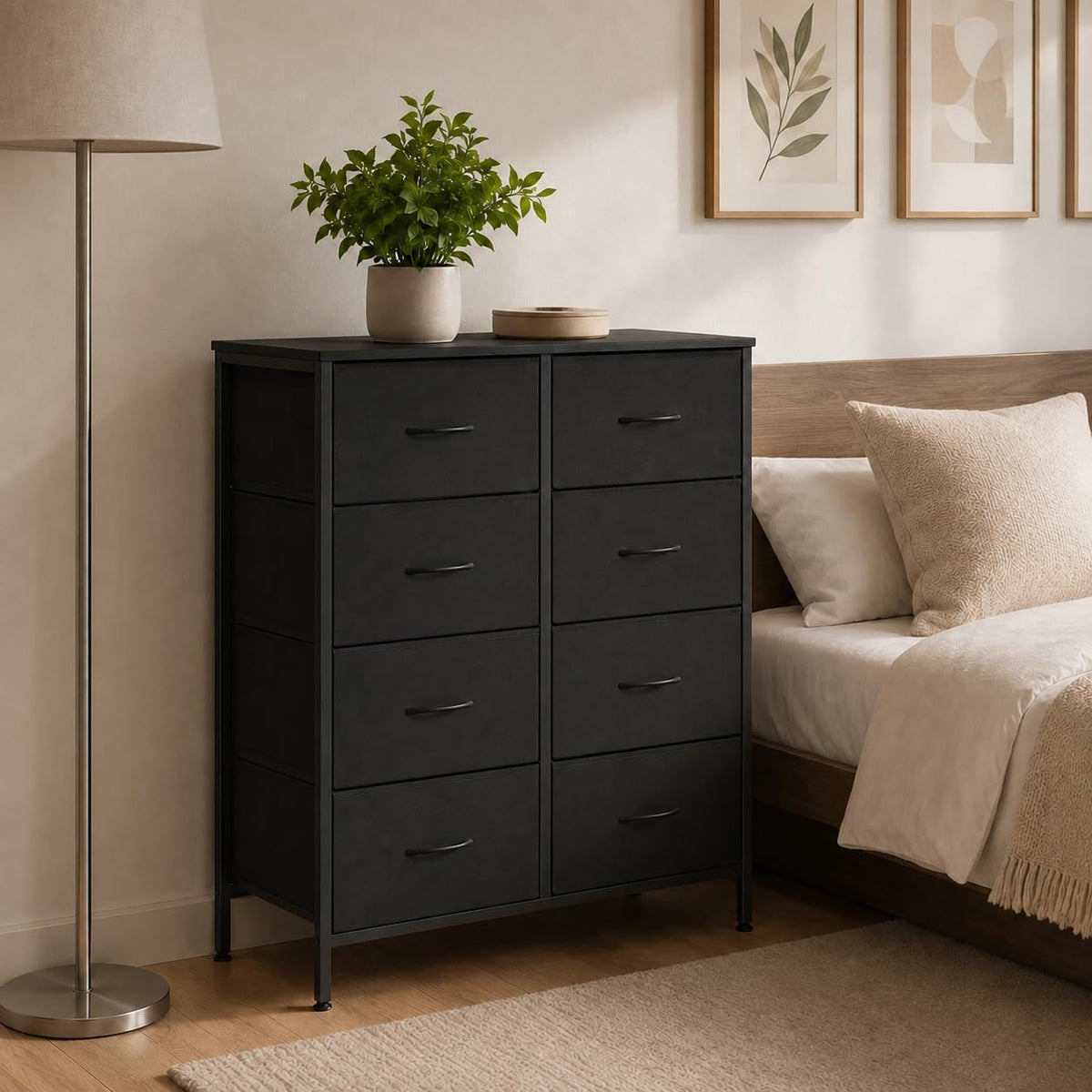 8-Compartment Tall Storage Cabinet with Steel Frame and Top Panel, Black