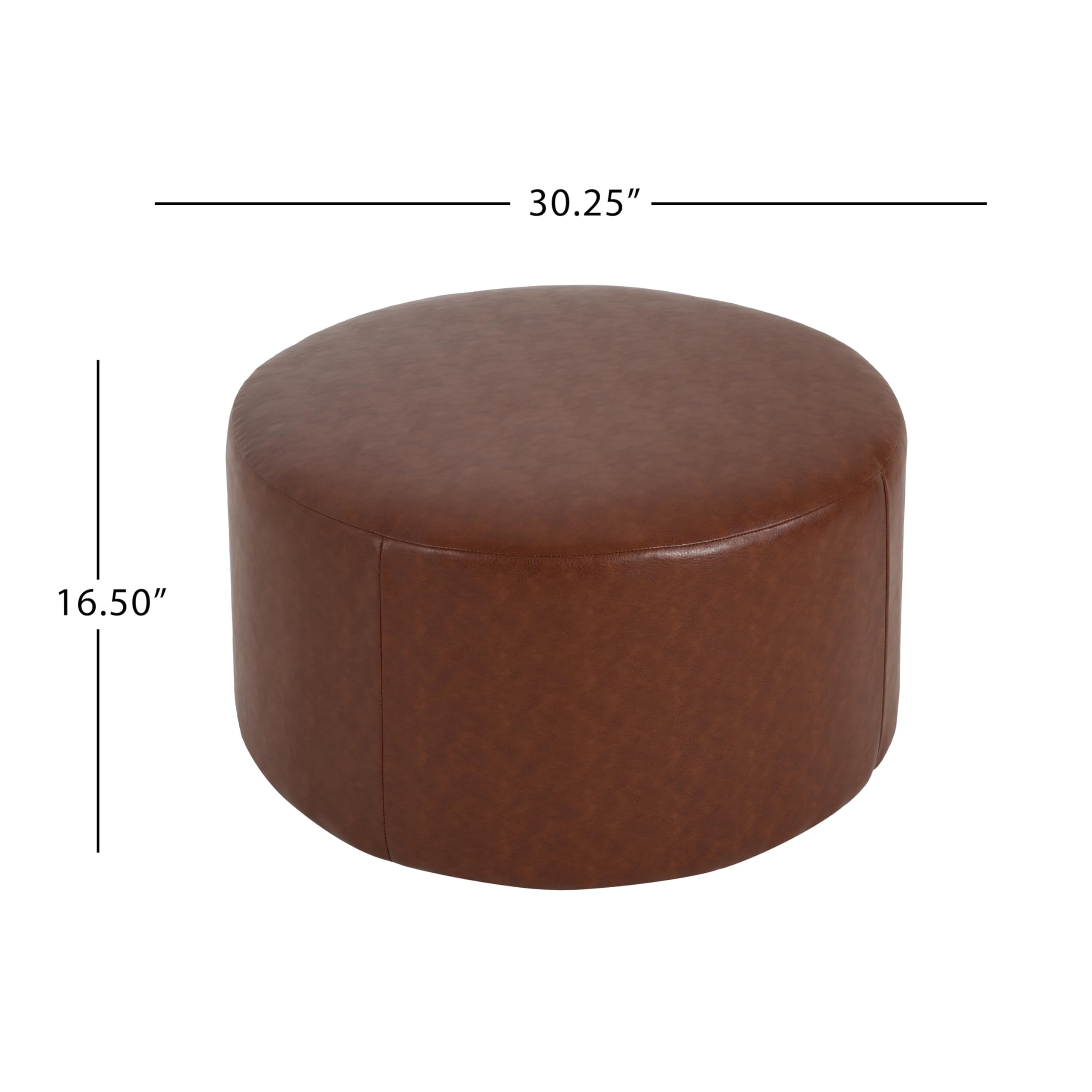 Christopher Knight Home GAVI 30" Ottoman Foot Stool, Faux Leather Pouf Footstool Ottoman Seat, Upholstered Foot Chair, Round Footrest, Modern Side Table for Living Room Bedroom Home Decor, Brown